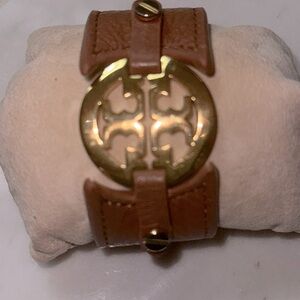 Tory Burch Tan Leather Bracelet with Gold Emblem